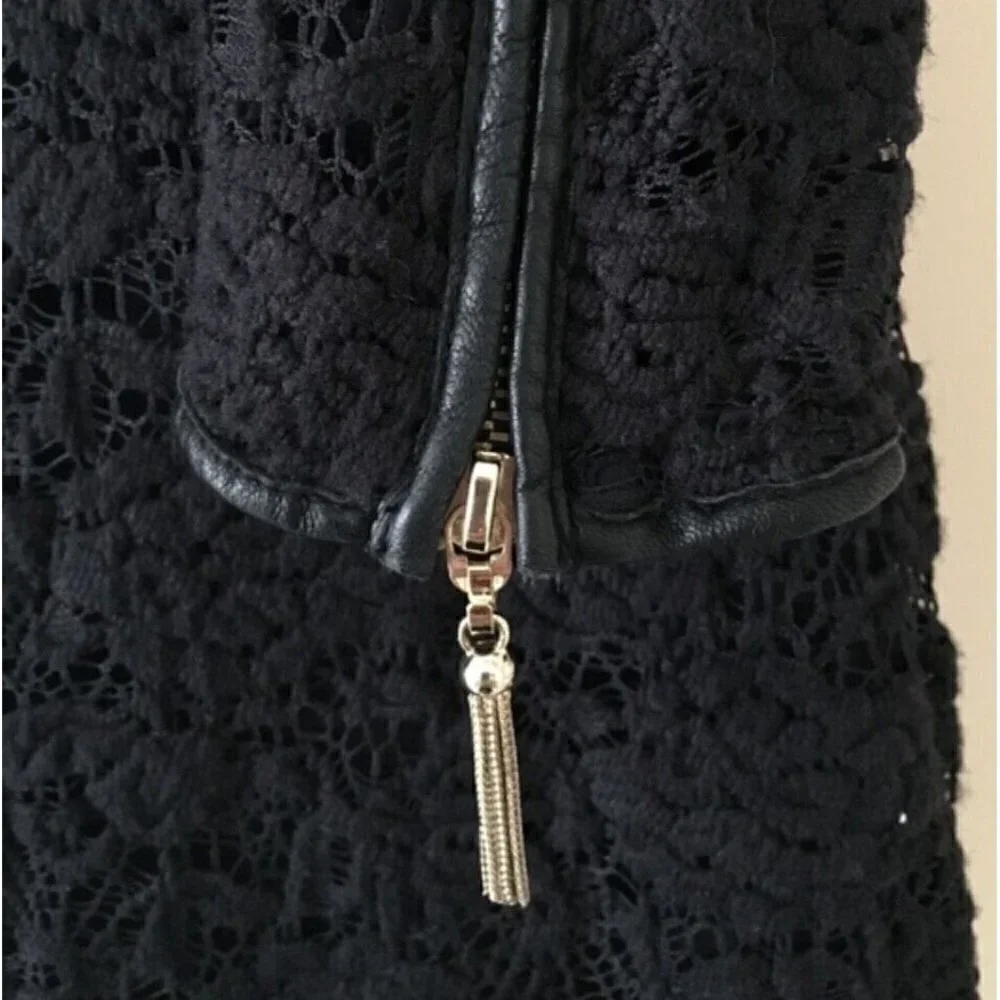 $298 Juicy Couture Sz XS Black Lace Mini Dress Faux Leather Trim Shift Sheath